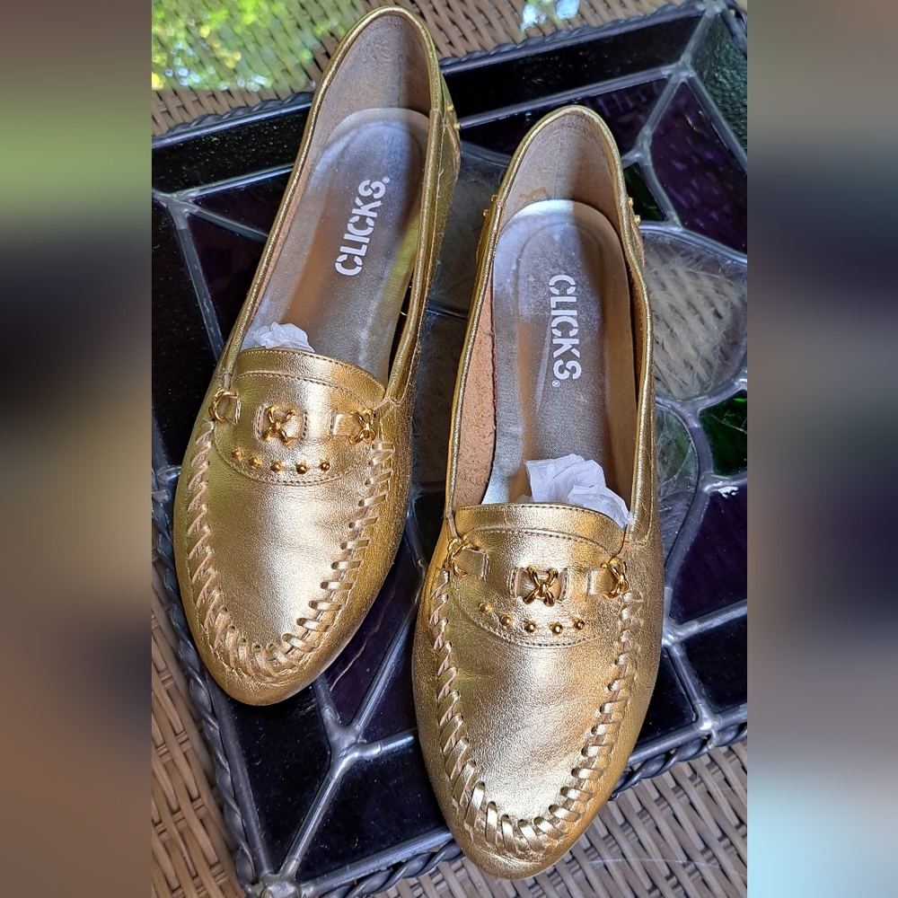 Clicks Gold Women's Loafers With Gold Metal Accents. Size 8. CLOSING SALE